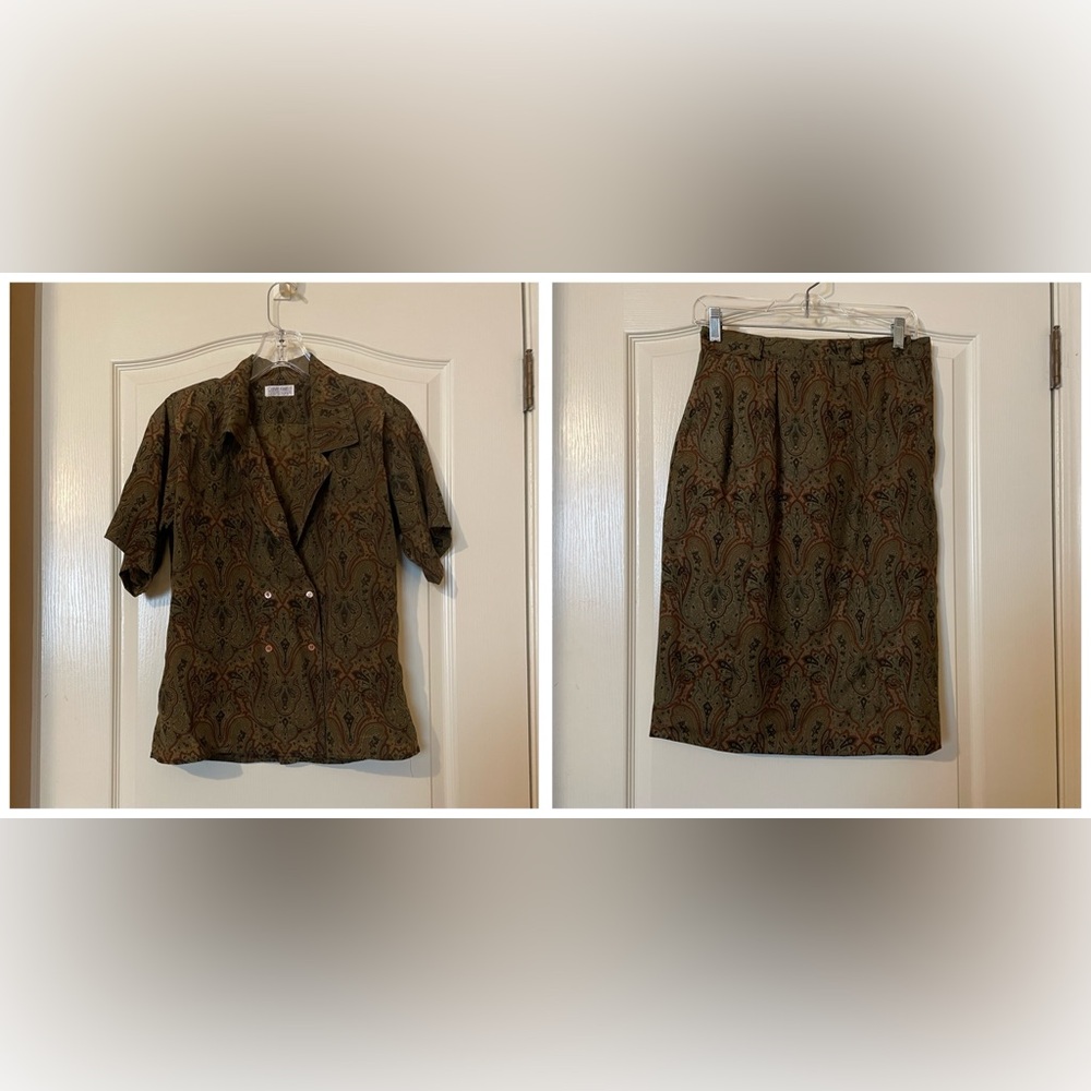Vintage 90s Calvin Klein Paisley Silk Blouse (M) Wool Skirt (6) Matching Set EUC